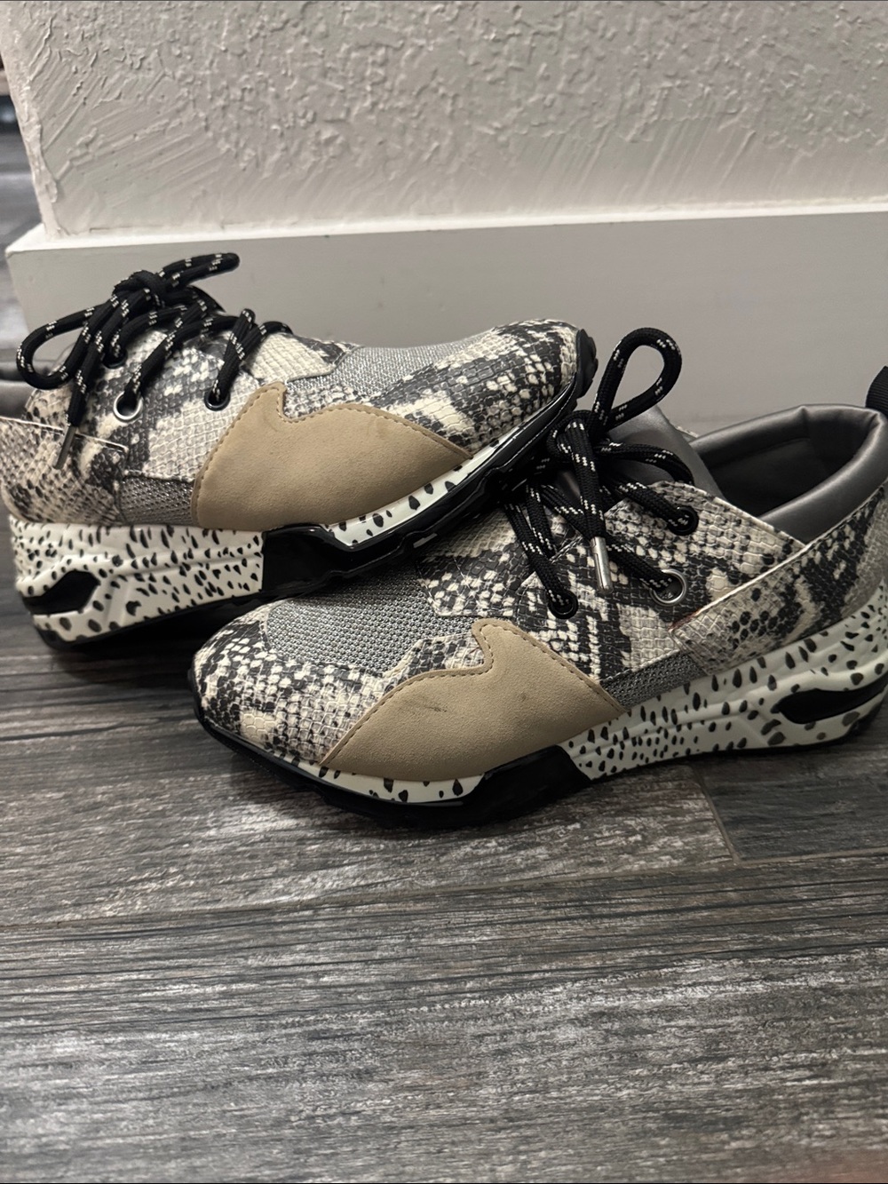 Steve Madden Snake Print Sneakers in Black, White & Tan